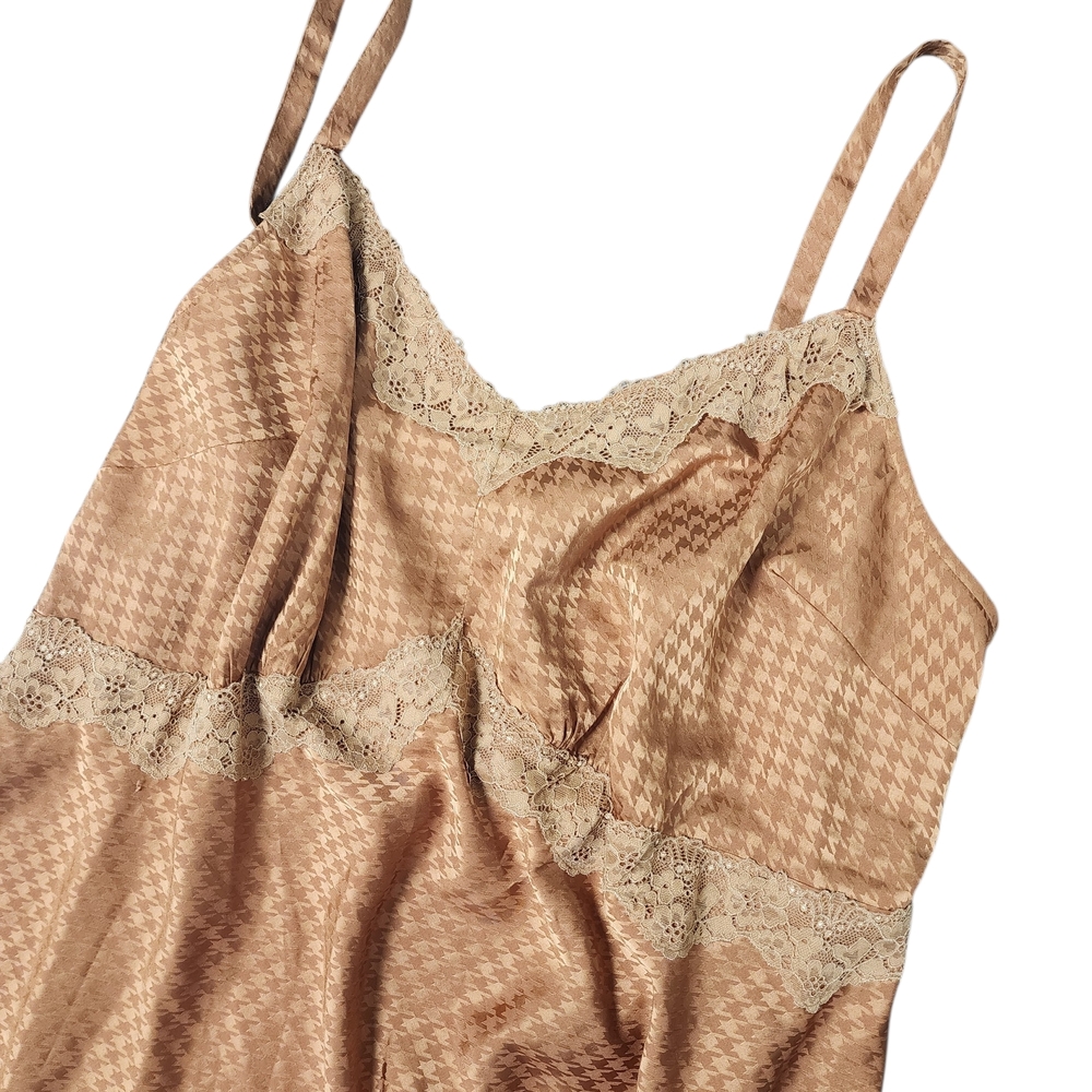 Torrid Tan Lace Trim Houndstooth Slip Midi Dress Satin.